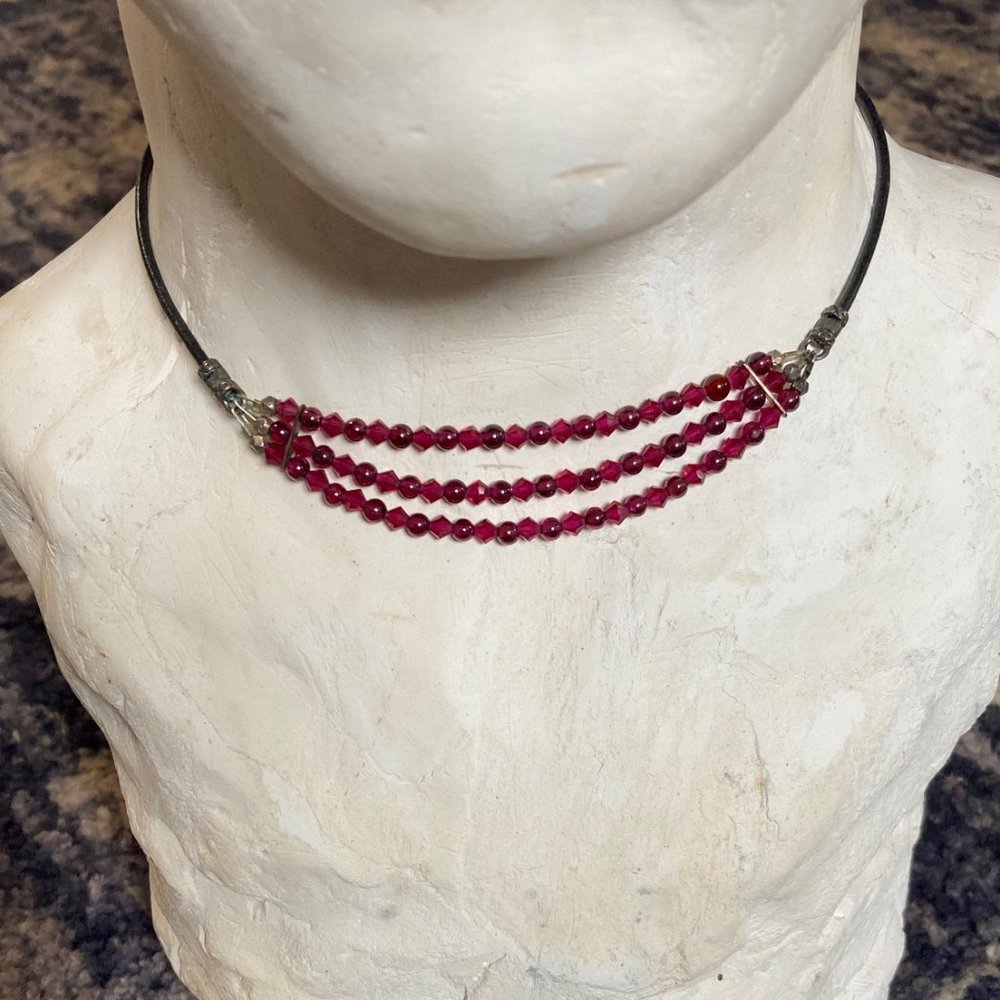 Crystal and Leather Choker Necklace with Pink/Purple Preciosa Czech Crystals